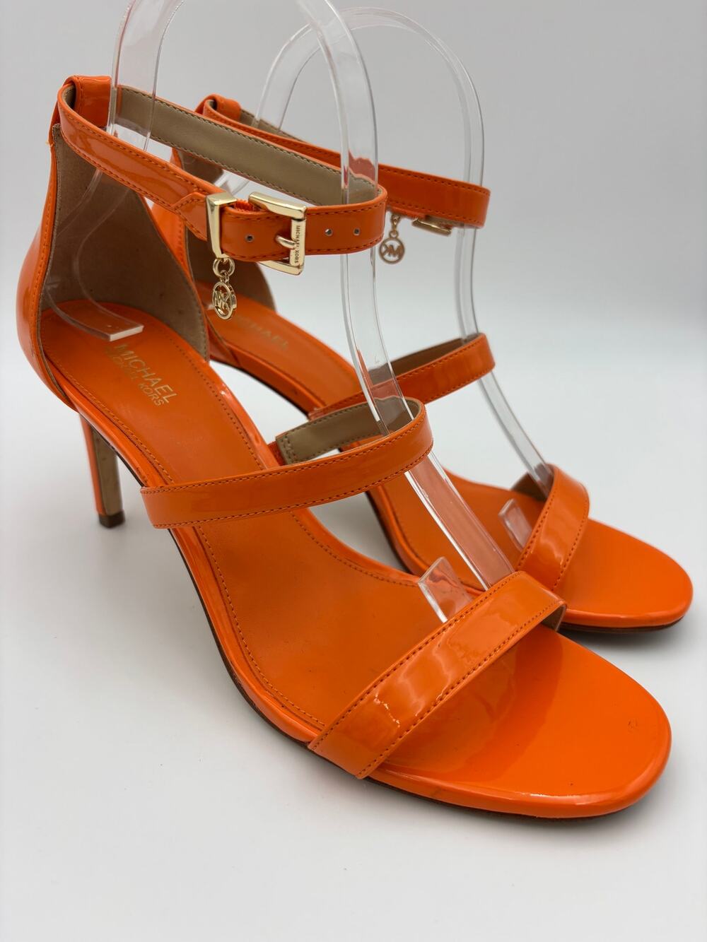 Michael Kors Koda Apricot Strappy Heels Orange Patent Size 8.5 Medium